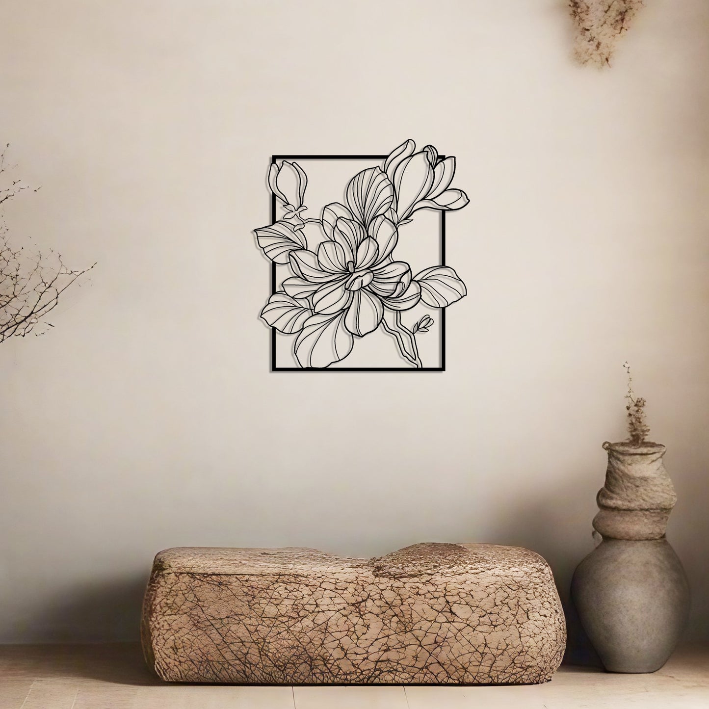 Magnolia Metal Wall Art – Minimalist Botanical Wall Art, Metal Artwork for Living Room